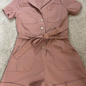 Haute Monde Short Sleeve Belted Jumpsuit in Mauve